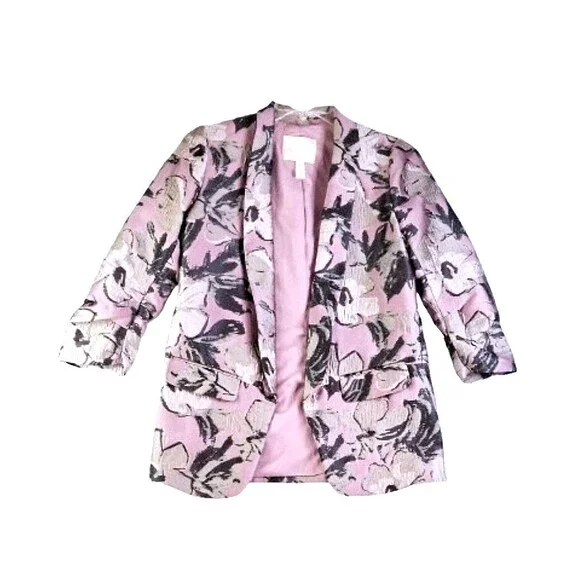 Anthropologie HUTCH Blazer Jacket Pink Floral 3/4 Sleeves Sz Small Shimmery Open - Picture 2 of 13